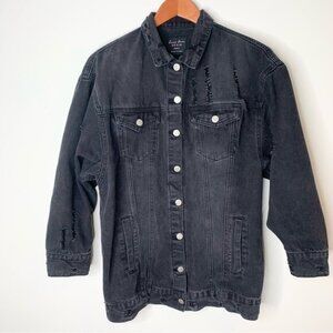 Love Tree Denim Black Oversized Distressed Jean Jacket Small